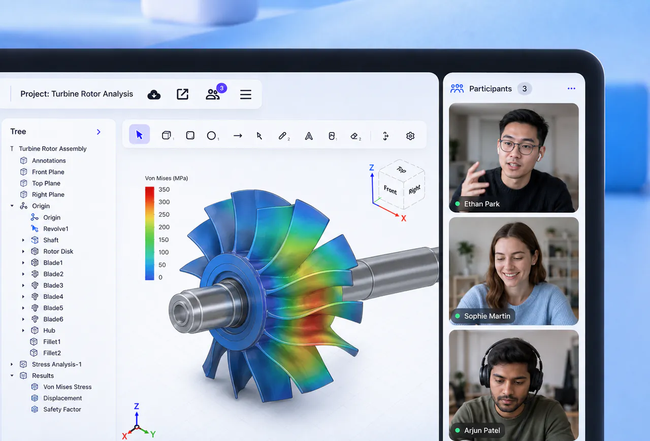 Laptop displaying a CAD application with a 3D turbine rotor stress analysis model, featuring a Von Mises stress heatmap, a component tree, and a video call participants panel, set against a soft blue background.